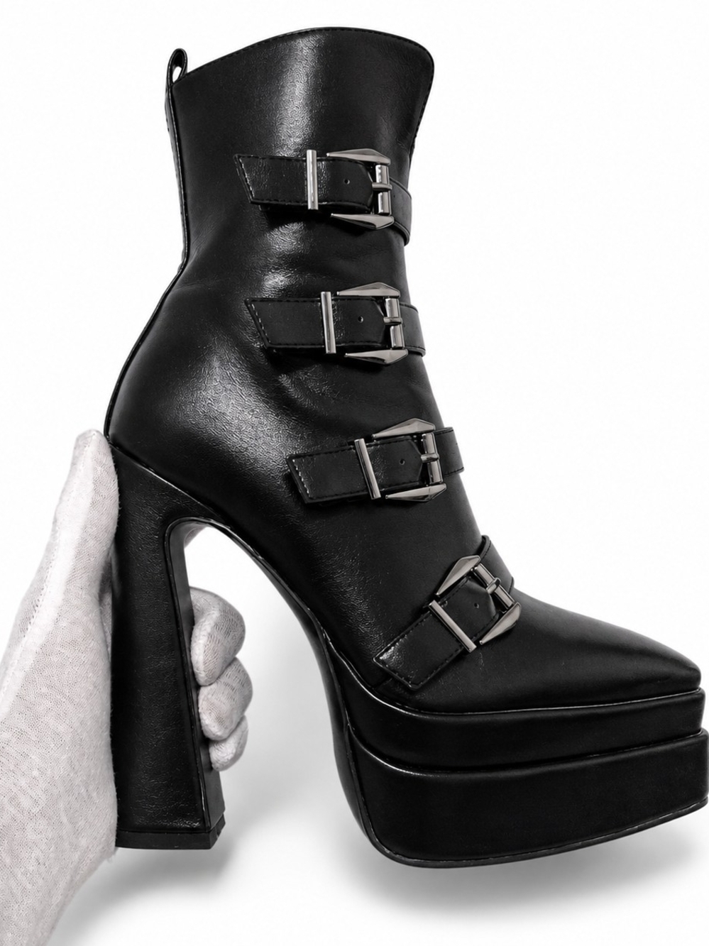 Women's pointed toe Black Buckled Platform Ankle Boots
